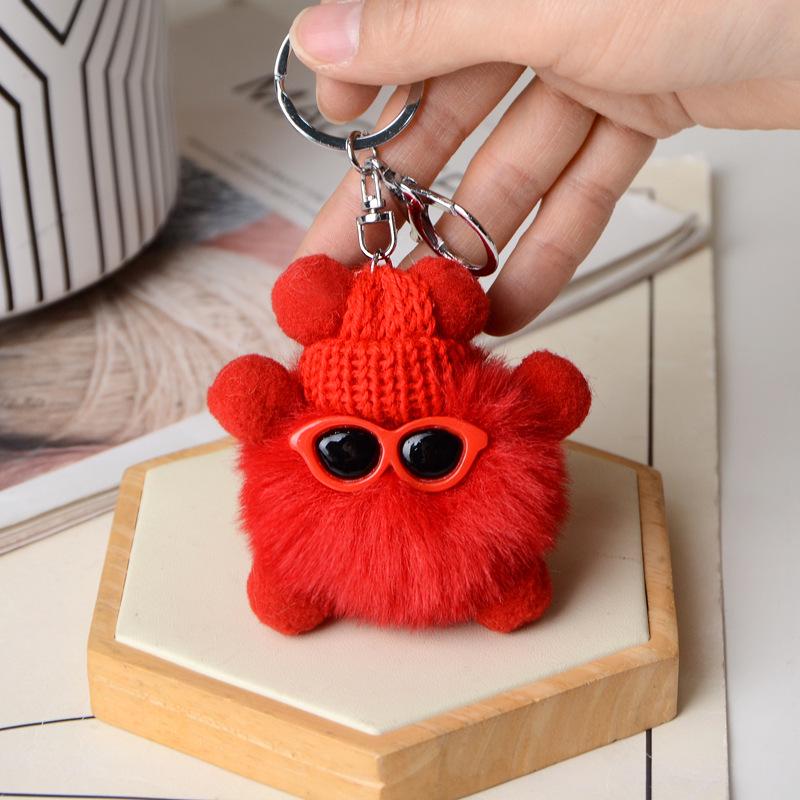 Faux Fur Plush Ball Keychain Ornament - Cartoon Doll Design