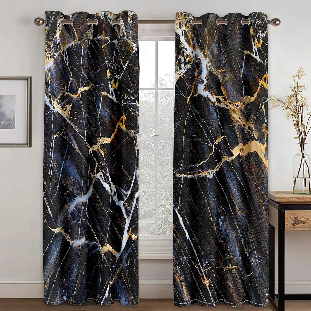 Modern Black Gald Marble Texture Crack Thin 2 Pieces Light Filtering Curtain for Living Room Bedroom Home Window Drape Decor