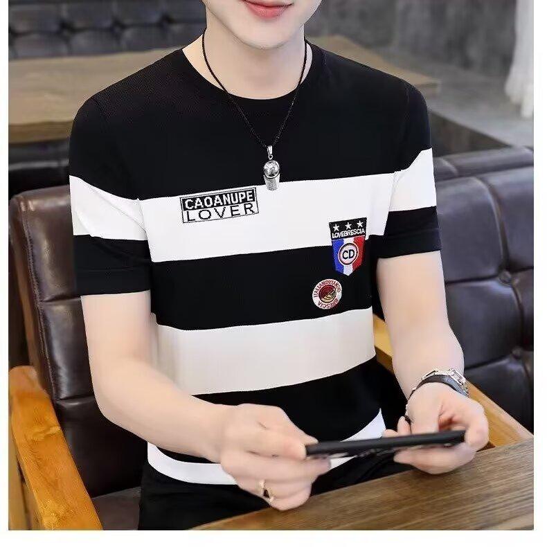 

2025 Мужская быстросохнущая футболка с коротким рукавом в полоску - Слегка свободный крой, Хит продаж 2XL черный белый