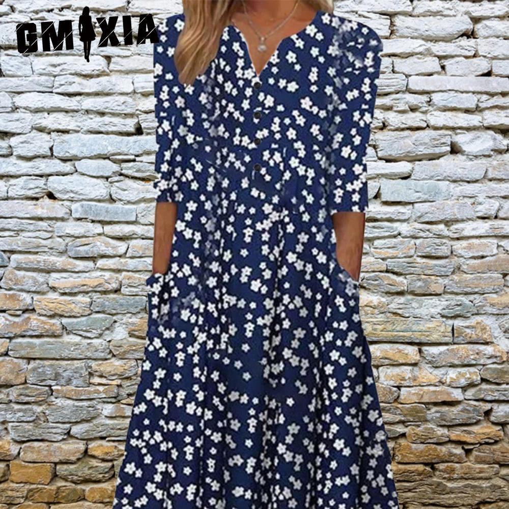 

GMXIA Элегантные женские платья V-образный вырез короткий рукав пуговицы платье для вечеринки женское летнее винтажное платье с принтом повседневное свободное цветочное женское платье XXXL
