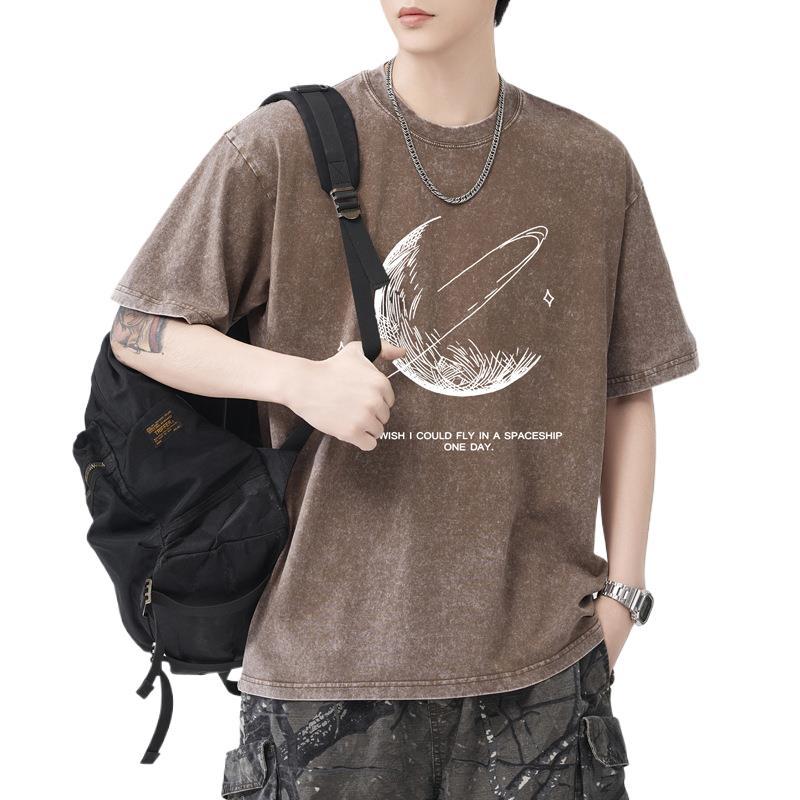 230g Ciężko Prana Wodą Smażona Płatek Śniegu Luźny Krój Bawełniany T-shirt Krótki Rękaw Cienki Drukowany Krótki T-shirt