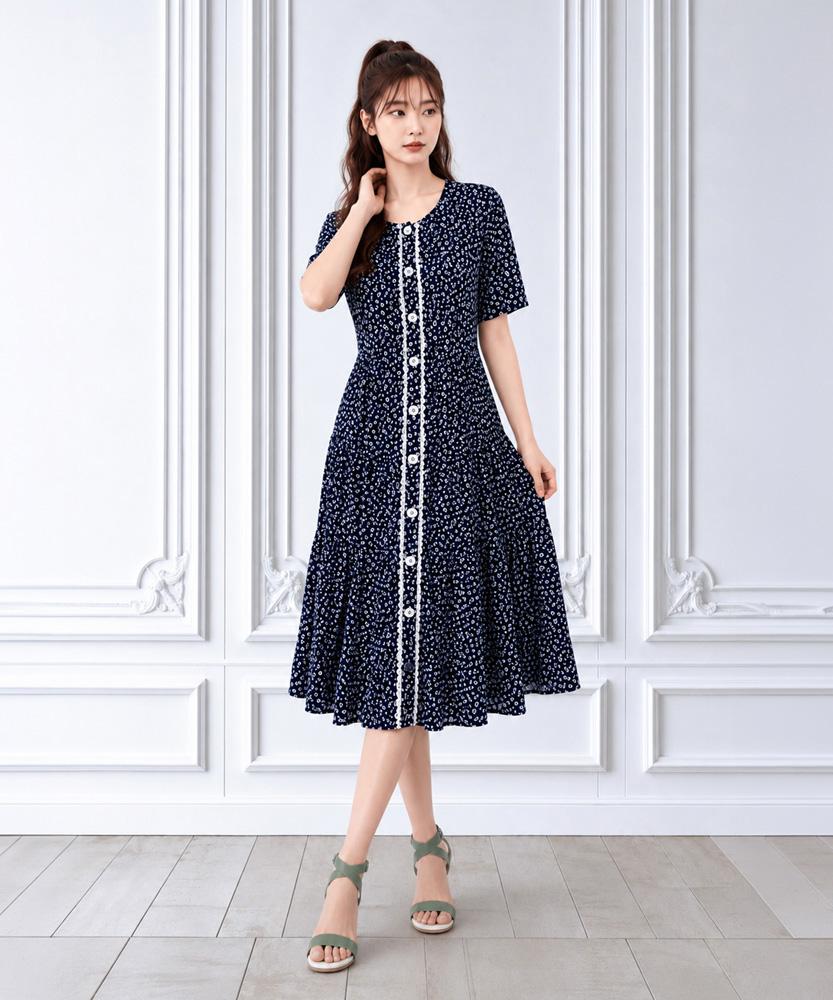 L By L Navy Flower Tencel Tiered Dress