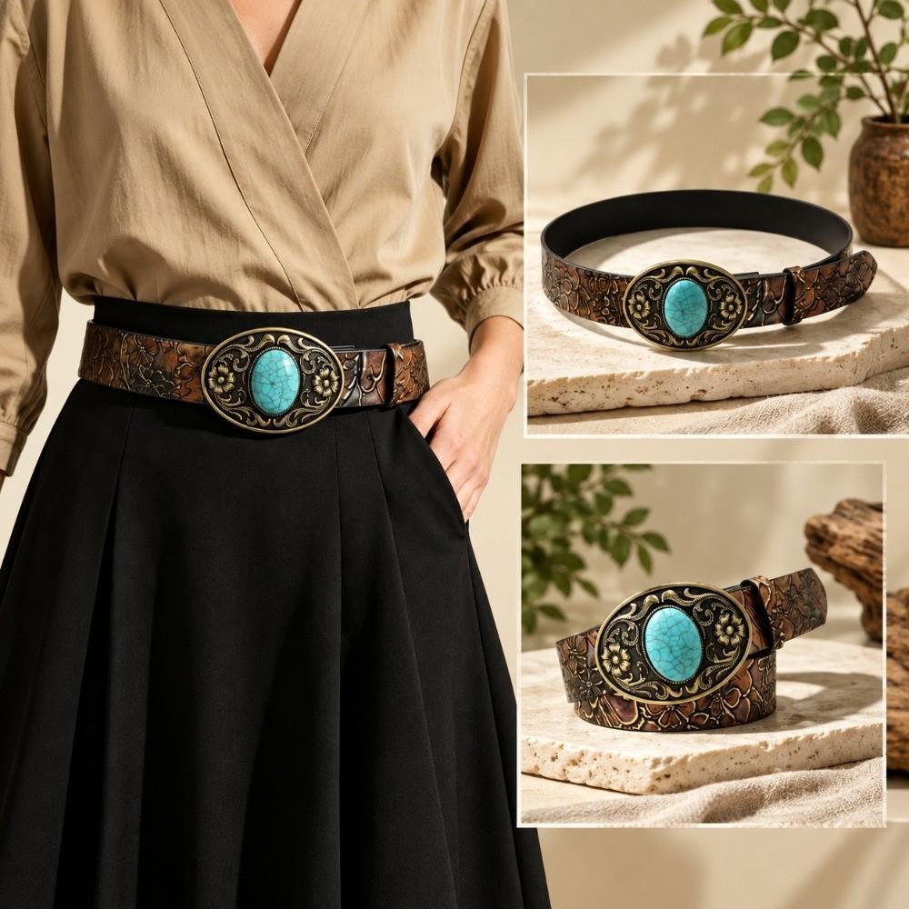 Antique Bronze Buckle Western Cowgirl Belt PU Leather Floral Embossed Belt  Outfit Decoration