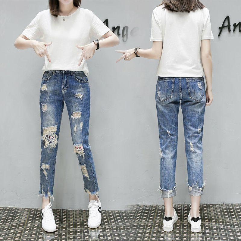 

Европейские универсальные джинсы с вышивкой в западном стиле и рваностями Denim Blue (487 hole patch) S