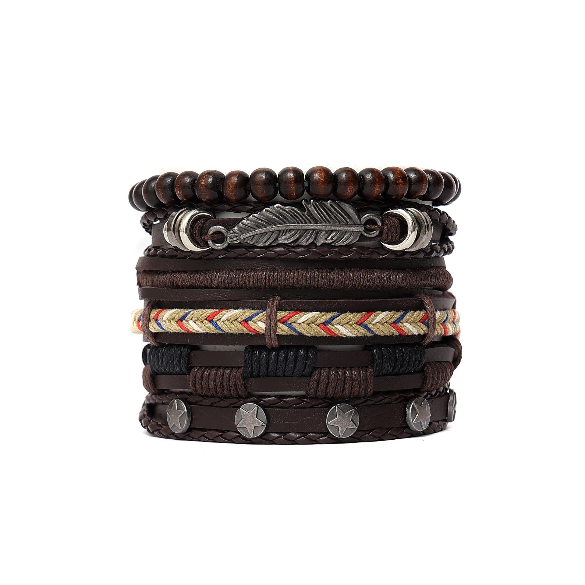 

Винтажный многослойный эластичный мужской браслет с листьями и звездами - набор из 6 штук