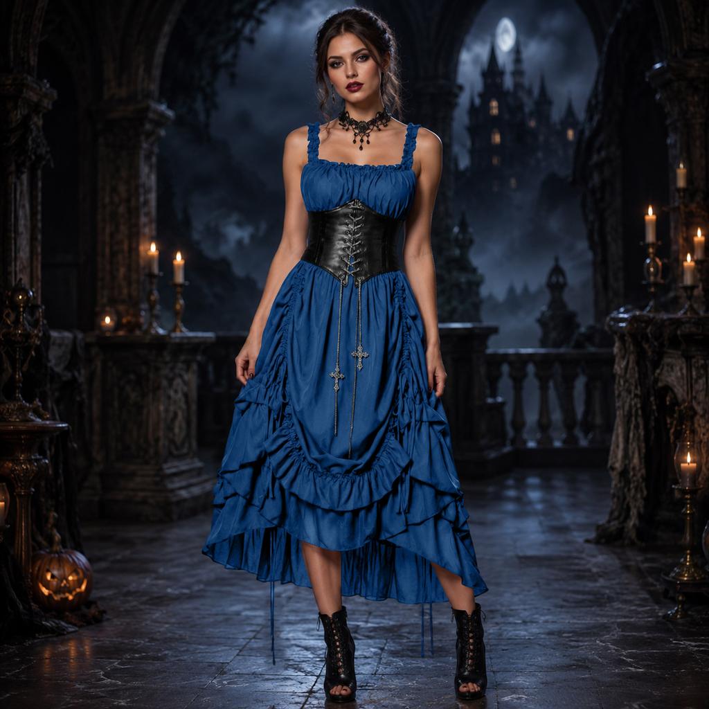 Gotische Jurk en Ketting Set voor Dames voor Halloweenfeest, Corsetriem Niet Inbegrepen