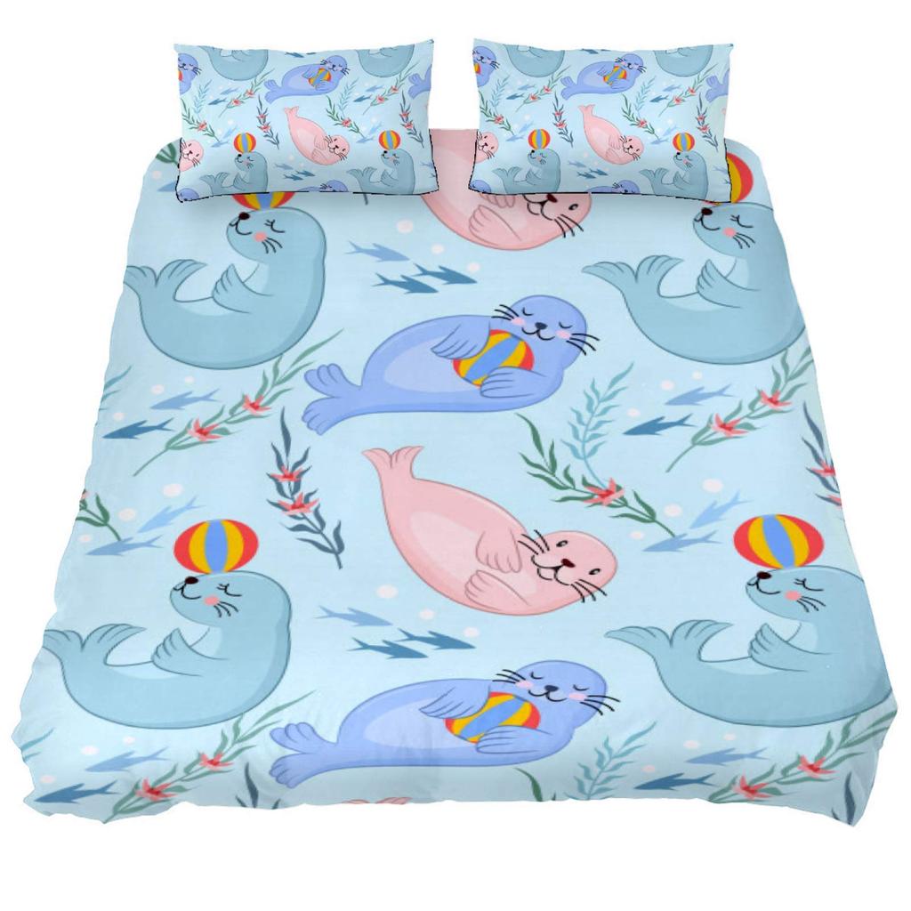 3D Sea Lion Duvet Cover King/Queen Size,Cute Cartoon Sea Lion Sleeping Print Bedding Set for Kids Boys,ocean Animals Quilt Cover