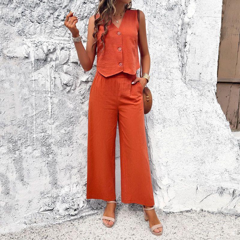 Casual V-neck Vest Long Pants Set Pure Color Casual V-neck Vest Pants Suit