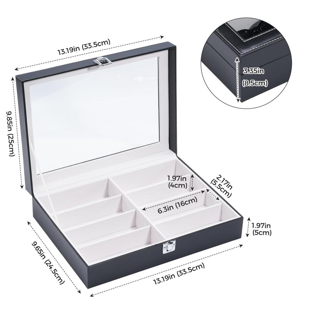 ProCase Sunglasses Case 18 Eyeglass and Jewelry Storage Box with Glass Black [Holds Sunglasses], 3-Tier Lid,