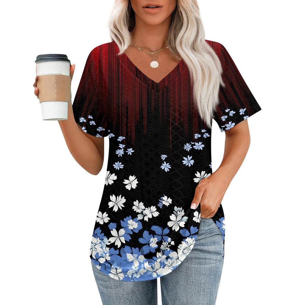 Womens T Shirts V Neck Short Sleeve Casual Tops Loose Fit Basic Tees With Curved Hem