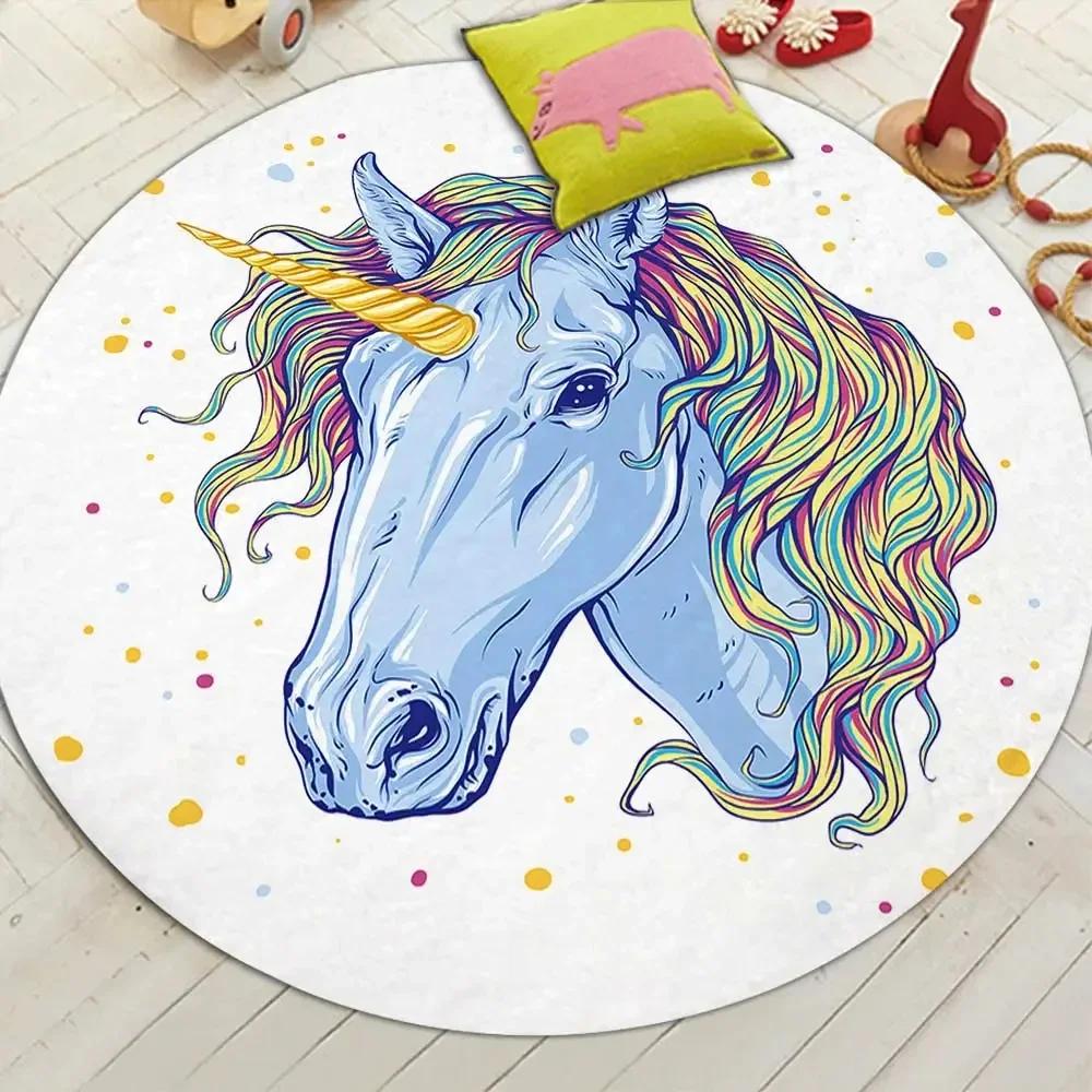 Cute Cartoon Unicorn Round Carpet Non-slip Rug for Office Living Room Bedroom Decor Soft Play Floor Mat Bathroom Kitchen Doormat