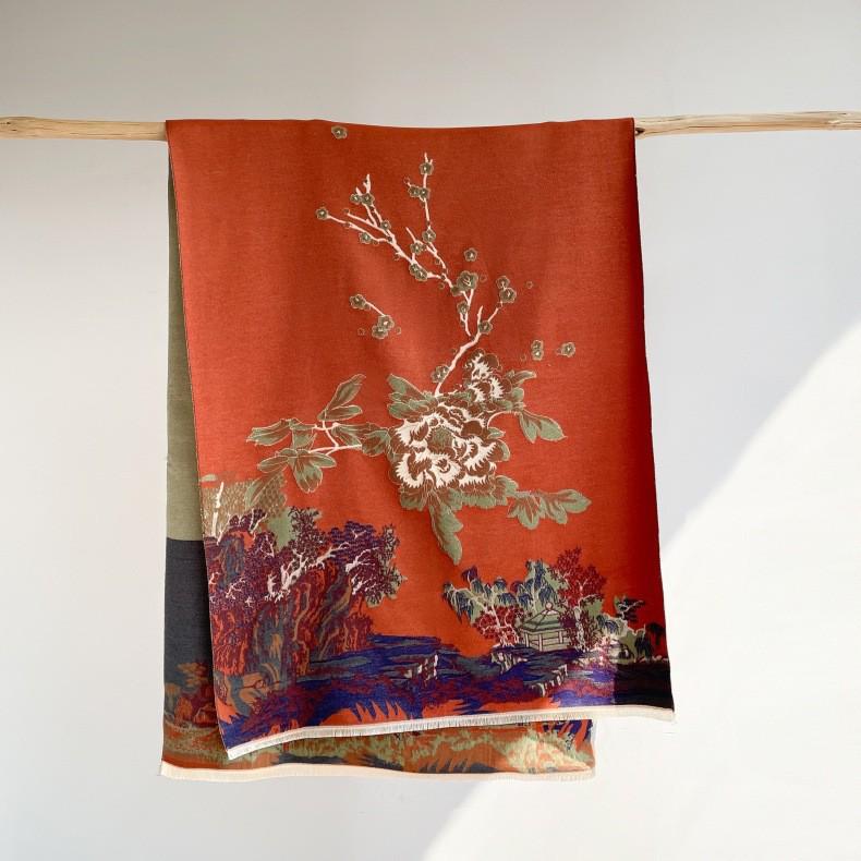 400g Retro Ethnic Bluebird Scarf: Women's Winter Warm Neck Warmer, High-End Imitation Cashmere Shawl.