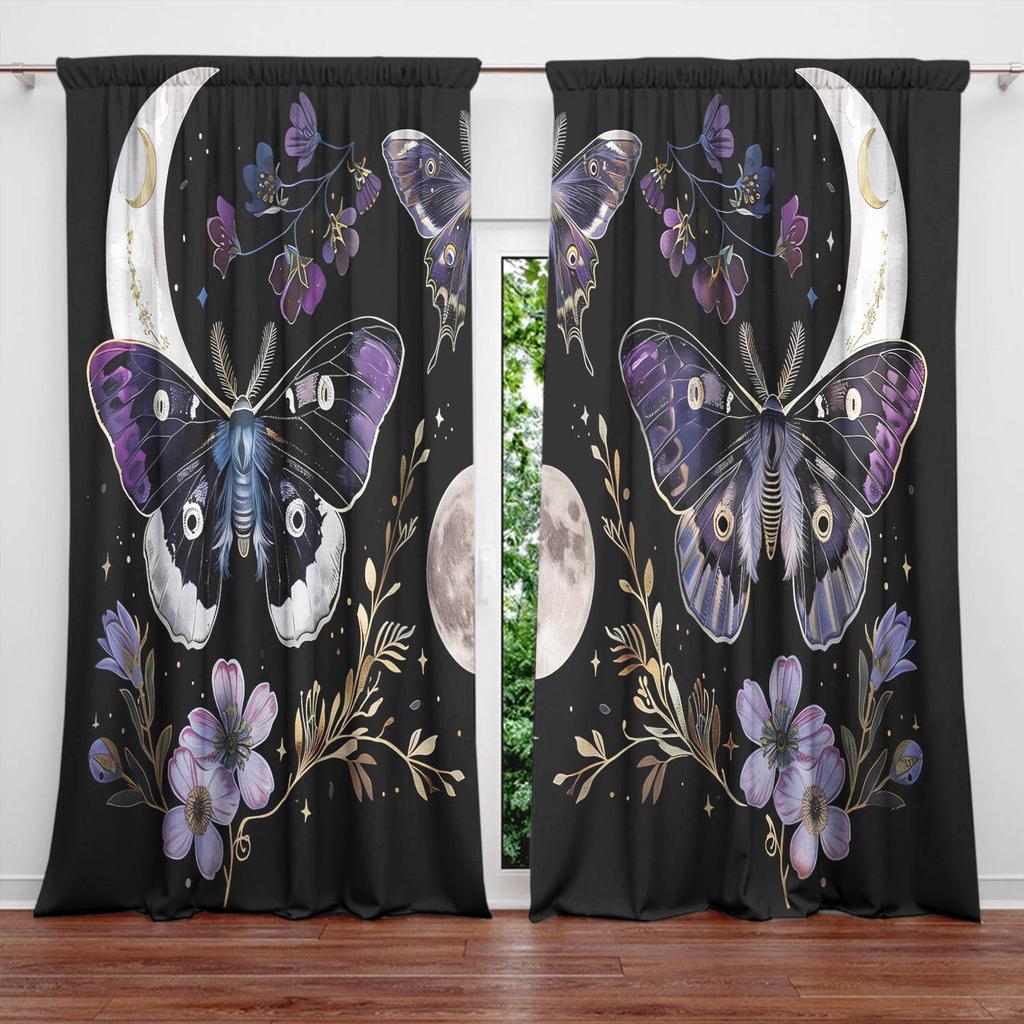 Moon Moth Printed Curtain for Home Decor - Rod Pocket Window Treatment for Bedroom, Kitchen, Living Room