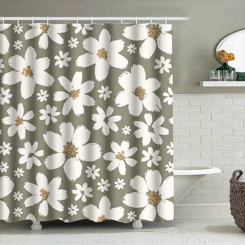 Vintage Floral Shower Curtain Modern Decor With White Olive Green Flowers Polyester Fabric For Home Bathroom