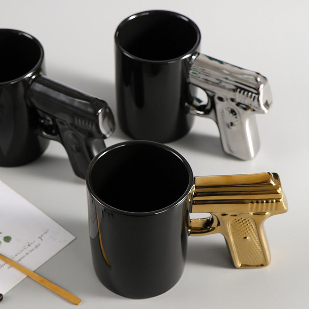 350ML Ceramic Coffee Mug With Gun Handle Funny Porcelian Cup Black Beer Mug Juice Milk Water Drinkware