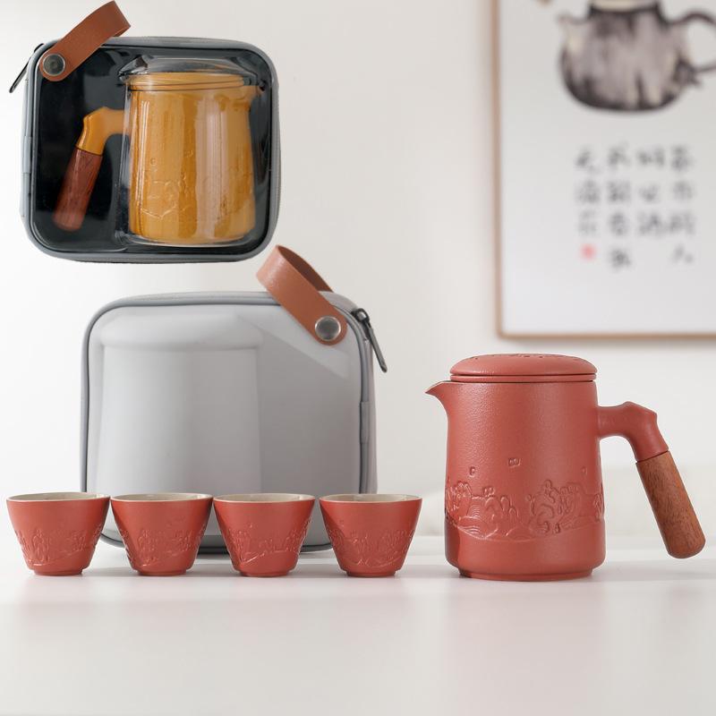 Ceramic Kuaike Cup One Pot Four Cups Travel Kung Fu Tea Set Portable Bag Set Simple Business Gift Engraving