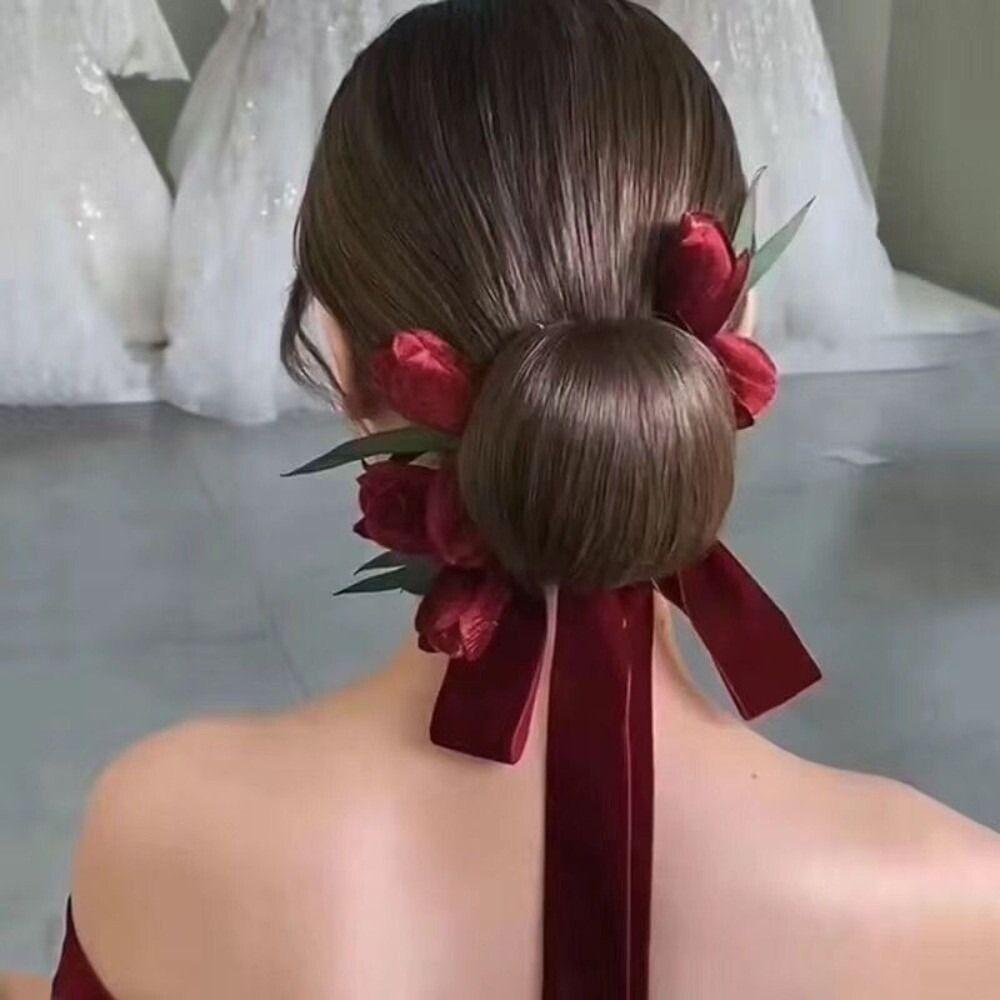Fashion Ribbon Brides Hairband Elegant Red Flower Hairpins Handmade Tulip Headdress Wedding