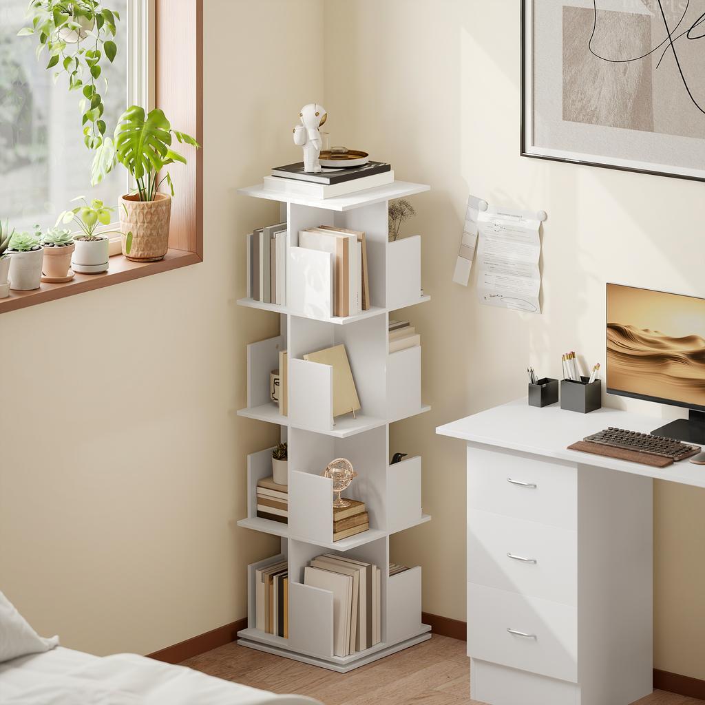 Rotating Bookshelf with 4 Levels, 16 Compartments, Easy Access, for Bedroom, Living Room, Study, Particle Board, White