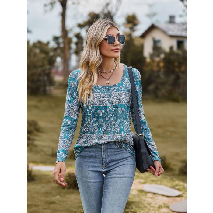 Autumn Women's Blouse Long Sleeve Square Neck Loose Comfortable Casual Printed Top