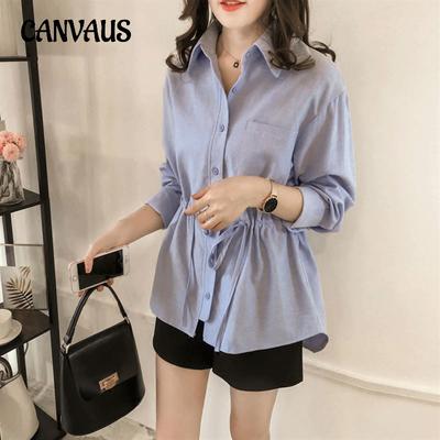 Spring and Autumn Plus Size Shirt Cotton Linen Drawstring Waist Temperament Lapel Casual Long Sleeve Top