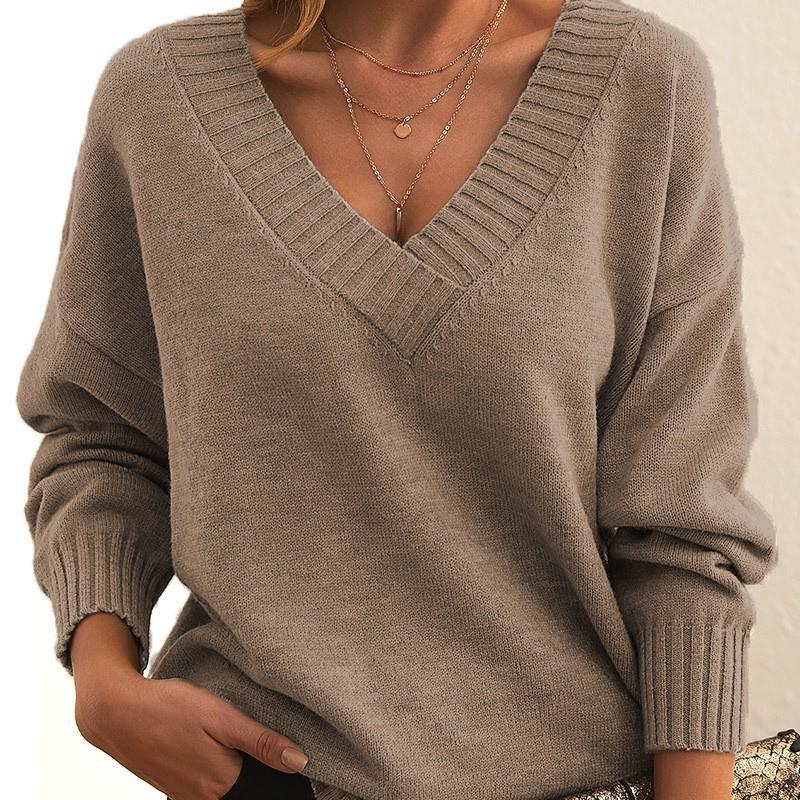 Womens Loose V-Neck Knit Sweater Pullover Casual Long Sleeve Acrylic Top