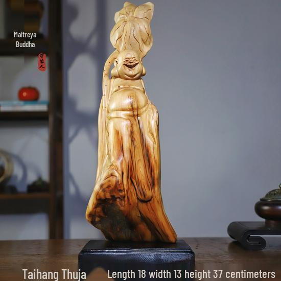 Intaglio Radice di Legno di Cipresso di Scogliera: Ornamento Daruma Maitreya Buddha in Legno Massello in Zafferano Dorato e Legno di Rosa Nanmu.