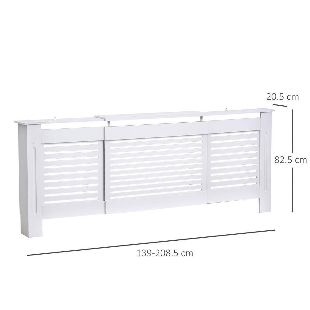 Rozsuwana Osłona Grzejnika, Nowoczesna Szafka z MDF Malowana na Biało z Poziomymi Listwami do Salonu, Sypialni, 139-208,5Dł x 20,5Szer x 82,5Wys cm