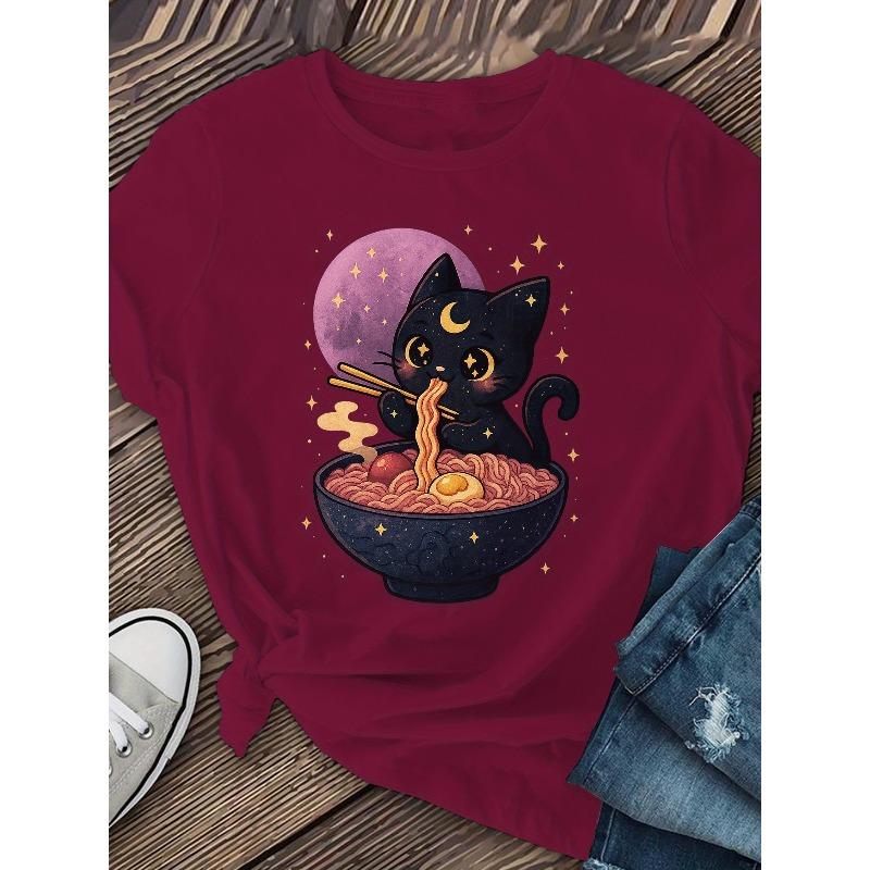 A Cat Lady Eating Ramen, Short-sleeved, Patterned Printed Round-neck T-shirt, Casual Short-sleeved T-shirt, Women's Clothing