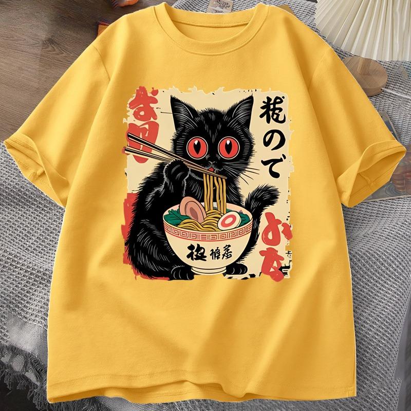 Vintage Japanese Black Cat RaUnisex T Shirts Cute Graphic Tee Funny Cat Eating RaUnisex TShirt Printing Cotton Short Sleeve Vintage