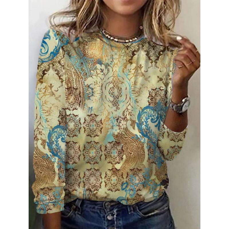 Trendy Women's Round Neck T-shirt 3D Digital Printed Long Sleeved T-shirt