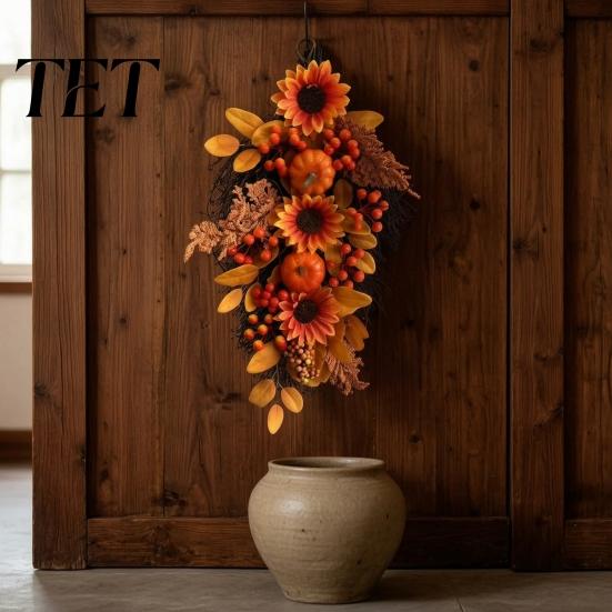 Indoor Outdoor Fall Decorations Sunflower Swags Wreath, Maple Leaves And Berries Hanging Decor Artificial Farmhouse Style Autumn Wreath Seasonal Front
