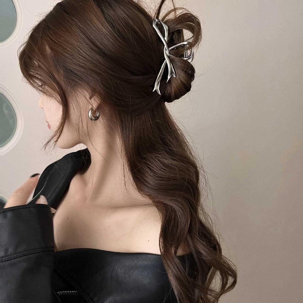 Silver Textured Metal Shark Hair Claw - Women's Stylish Updo Clip Accessory