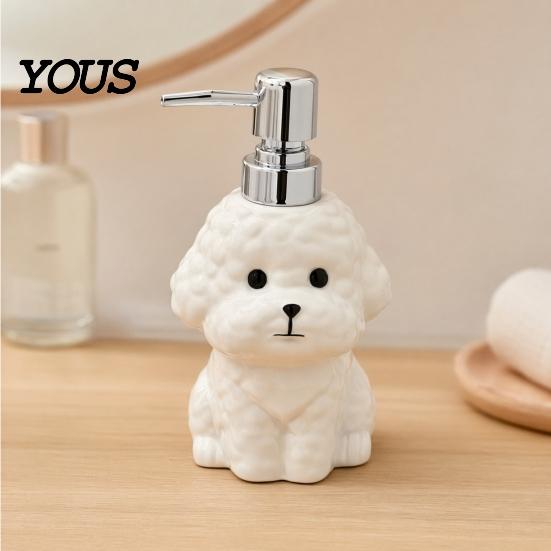 Dispenser Gel Igienizzante Mani 400ML Cane in Ceramica con Pompa in Plastica, Contenitore Liquido Ricaricabile a Forma di Cucciolo, Bottiglia Vuota per Bagnoschiuma Lozione