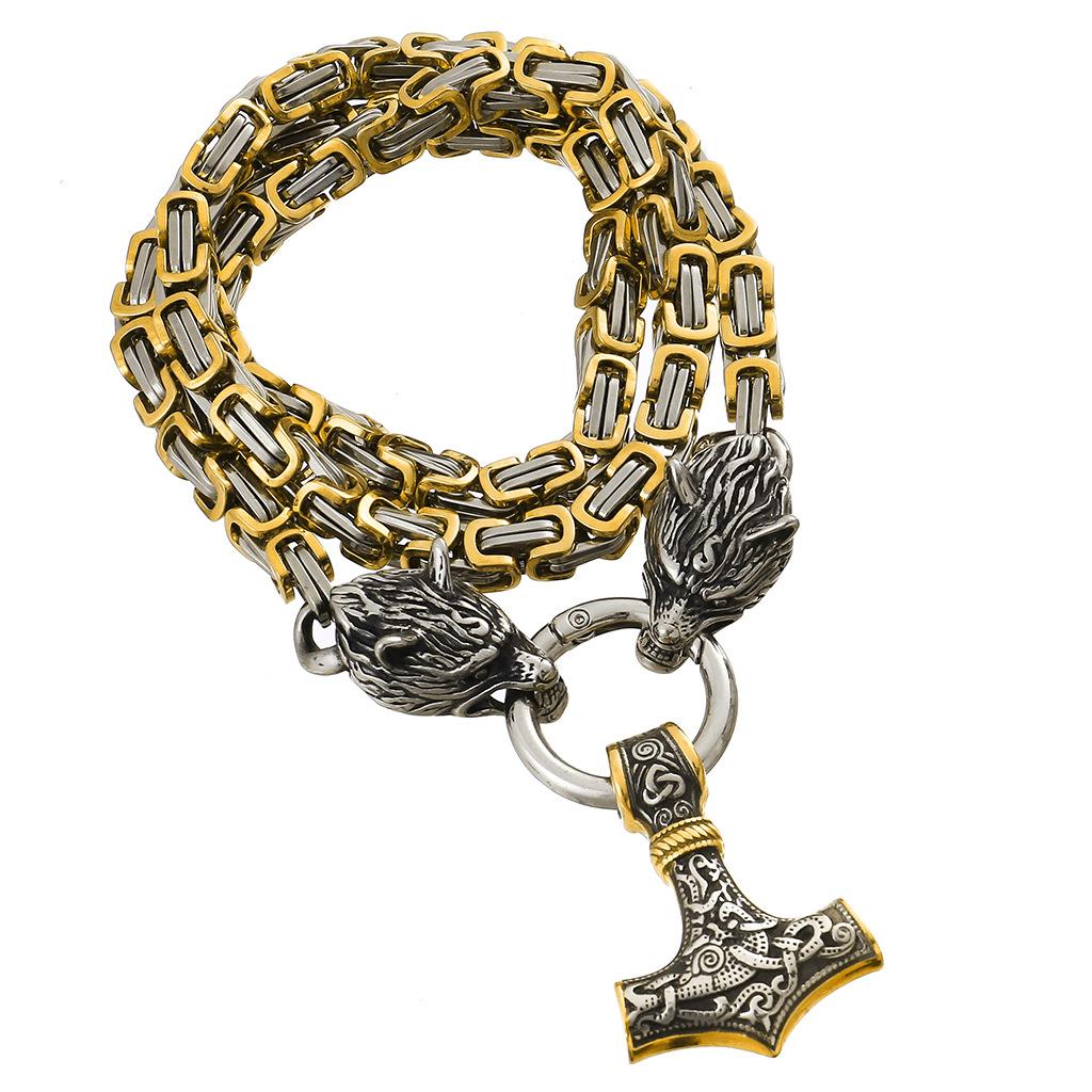 Viking Mythology Thor 'S Hammer Pendant Necklace Audin Wolf Head Golden Emperor Chain Necklace Stainless Steel Jewelry