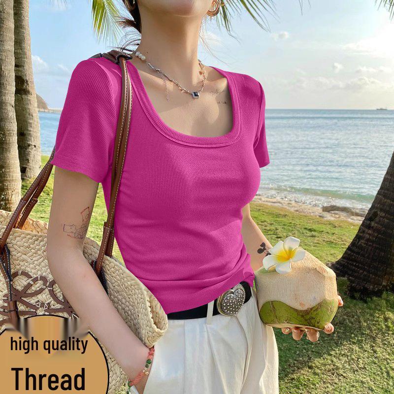 Hong Kong Style Women's Ribbed Square Neck Short Sleeve Top - Age-Reducing, Trendy, and Breathable