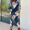 Women Plus Size Two Piece Set Round Neck Long Sleeve Firework Printed Navy Blue Fitted Pants