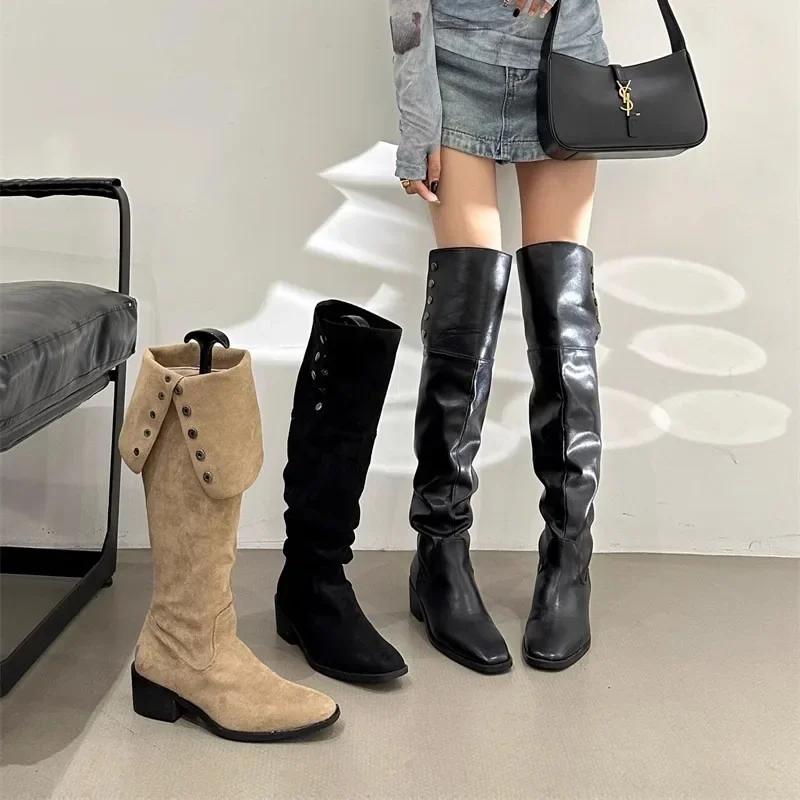 New Vintage Women'S High Heel Slim Boots Long Denim Boots Middle Heel Stackable Western Style Rubber Material Fall Winter