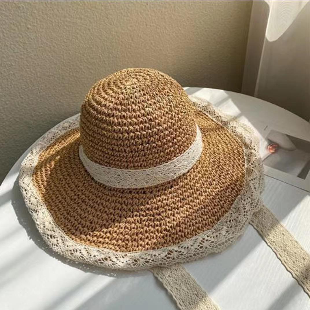 

Hat Women s Straw Hat Versatile Summer Thin Breathable Lace Hollow Small Fresh Windbreak Rope хакі