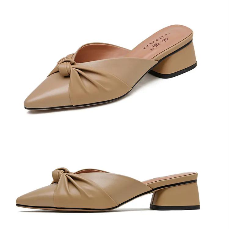 

Женская обувь из мягкой кожи с острым носком, женские нескользящие удобные сандалии на среднем толстом каблуке, тапочки, обувь 40 хаки