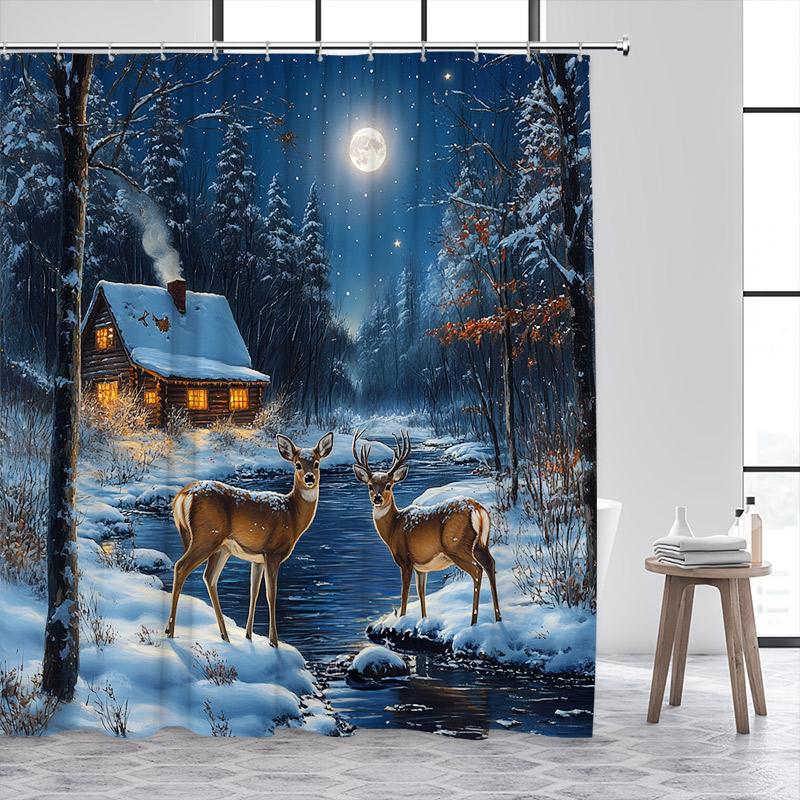 Winter Forest Elk Shower Curtain Snow Whitetail Deer Streams Farmhouse Cedar Christmas Home Bathroom Decor Bath Curtains Set