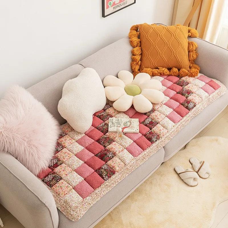 New Pure Cotton Non-slip Sofa Cushion Retro Pastoral Style Sofa Cushion Colored Anti Slip Thickening Anti Cat Scratch Sofa Cover