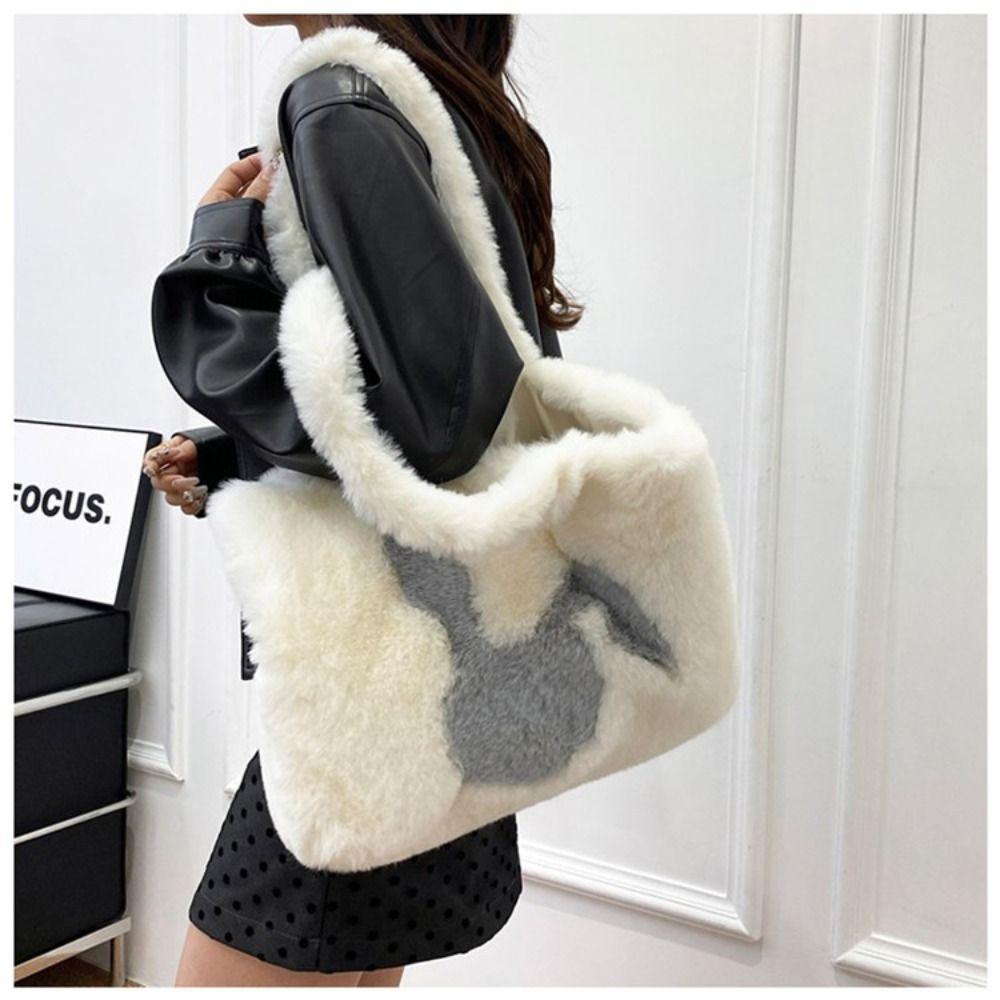 Casual Faux Fur Shoulder Bag Soft Large Capacity Shopper Handbag Rabbit Print Furry Fluffy Fluffy Handbag Women Use