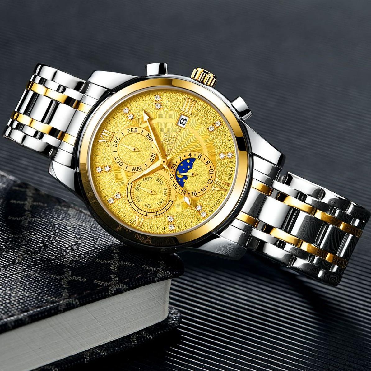 

Чоловічі годинники WEISIKAI 5008B. Новий розкішний чоловічий годинник із коробкою. Водонепроникний світловий календар. Автоматичні чоловічі механічні годинники. золотий