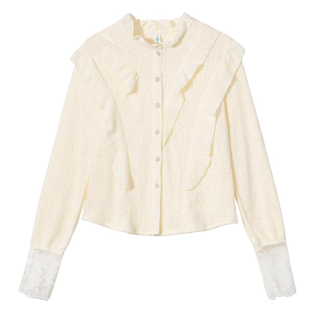 Fashion New 2024 Winter Long Sleeve Stand Collar Ruffles Apricot Velvet Lace Blouse Shirt Women Tops Blouses Shirts J790