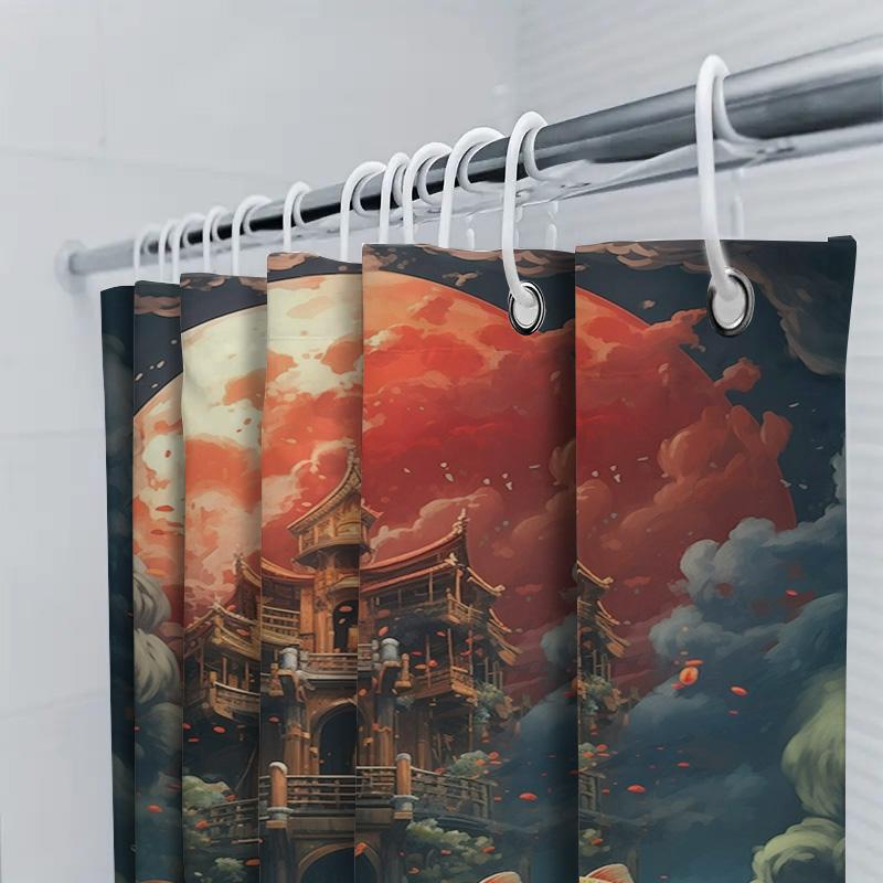 Fantasy Castle Bath Curtain With Moonlit Night Fish Swimming Print Waterproof Shower Decorative Fabric Umbrella Tents