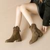 Versatile Coarse Heel Frosted Leather Rear Zipper Retro 2025 Fringed Autumn and Winter New High-heeled Short Boots Martin Boots Short Boots Women