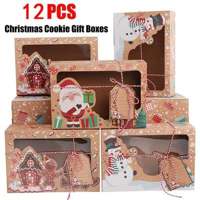 12PCS/set New Year Gift Box Cupcake Candy Box Kraft Paper Christmas Cookie Box Bakery with Transparent Window