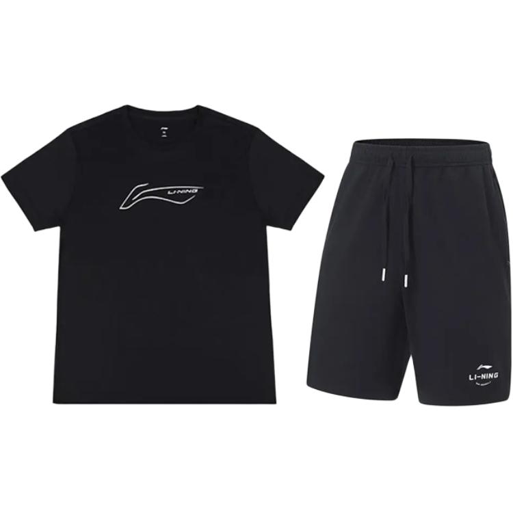 

Дышащий быстросохнущий удобный пуловер с круглым вырезом и принтом логотипа Li Ning, шорты с завязками средней посадки с короткими рукавами, повседневный спортивный комплект YTSU141-2+AKST543-3 M