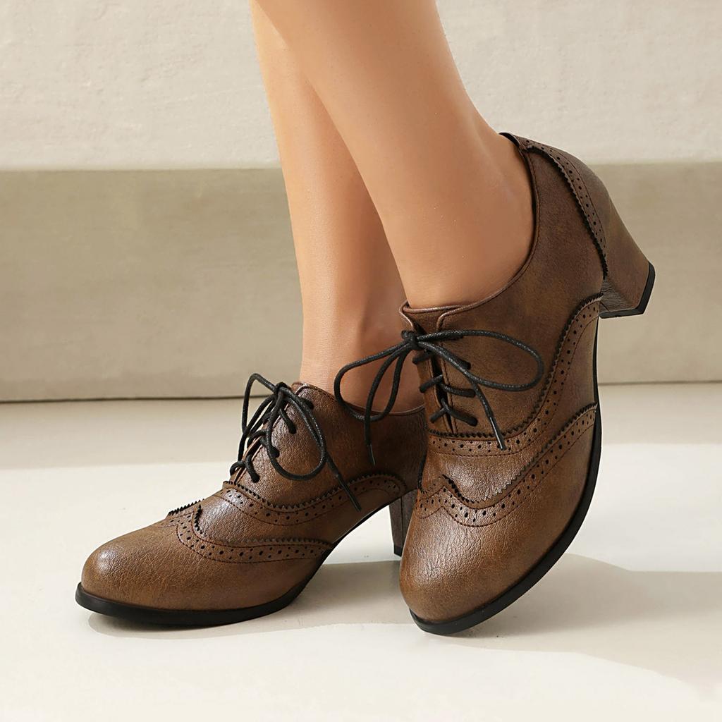 Britský styl Oxford boty Dámské lodičky Špičatá špička Vintage Ležérní Silný podpatek Kožené boty Žena Šněrovací Vysoké podpatky