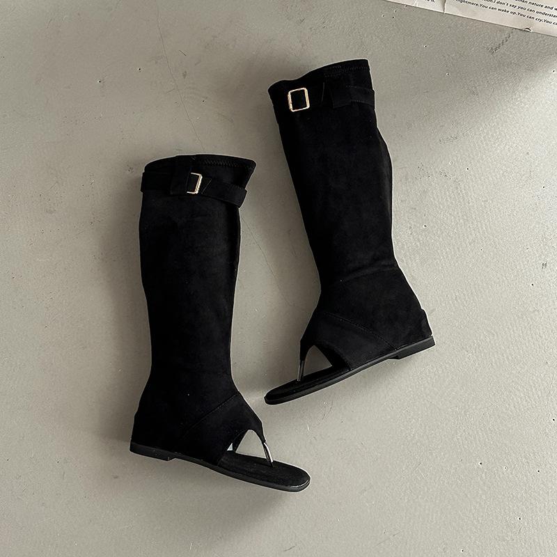 Fashion boots retro toe cool boots women's summer fashion new one-word buckle decorative bohemian wedge sandals